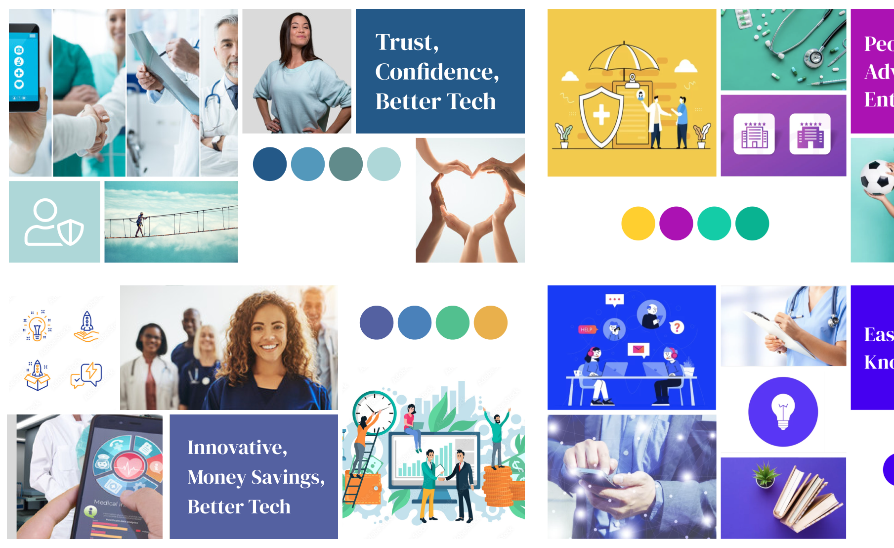 Four different moodboards with varying colors, typography, and photography.