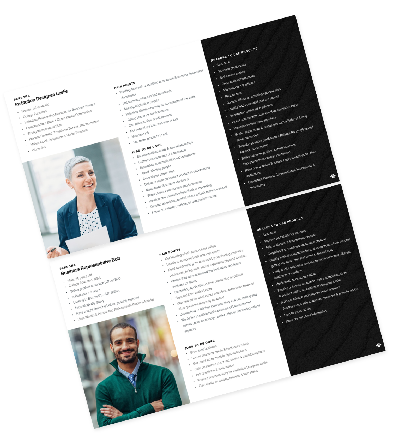 Institution Designee Leslie persona and Business Rep Bob persona.