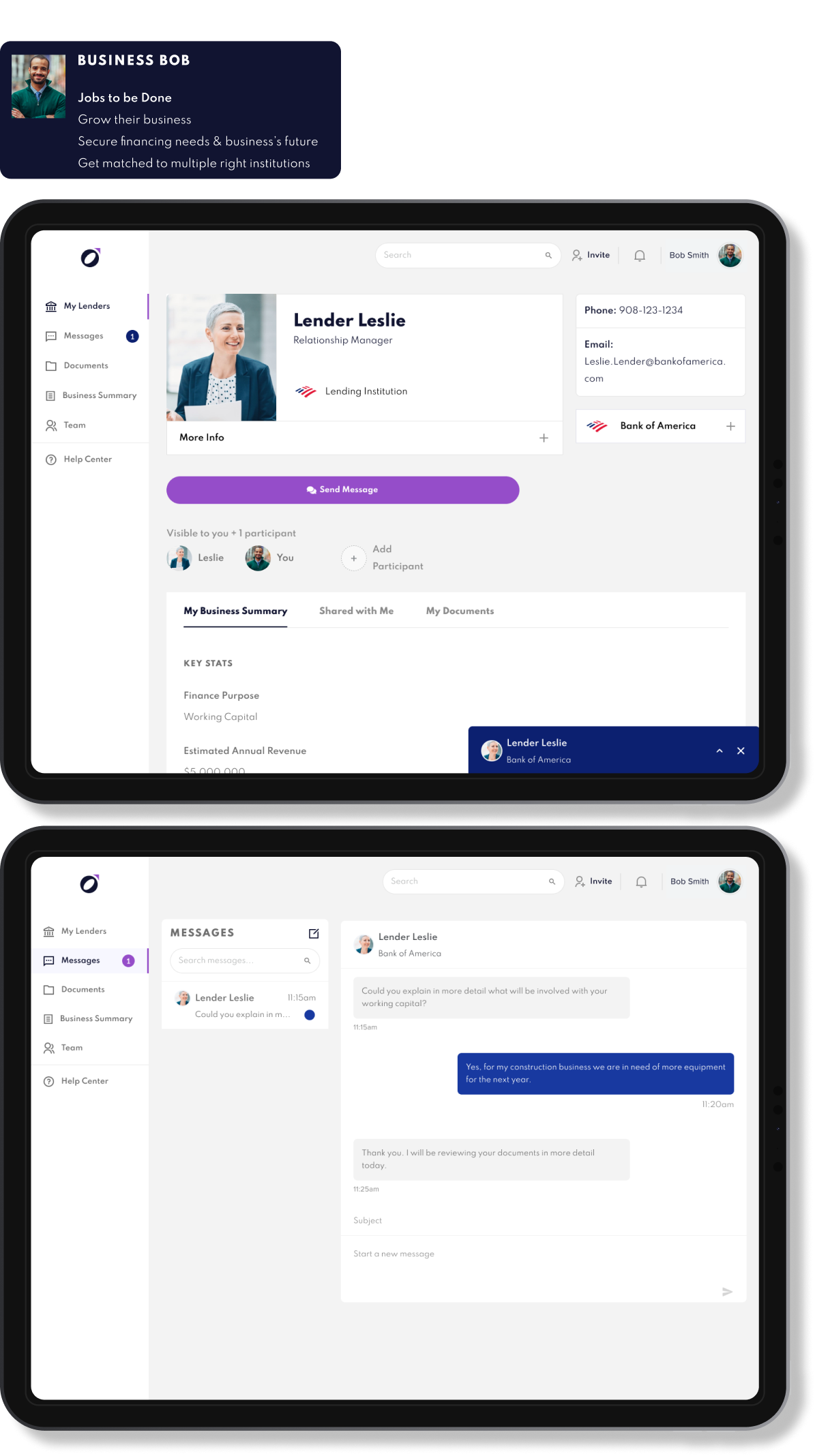 Two screens of software business owner platform.