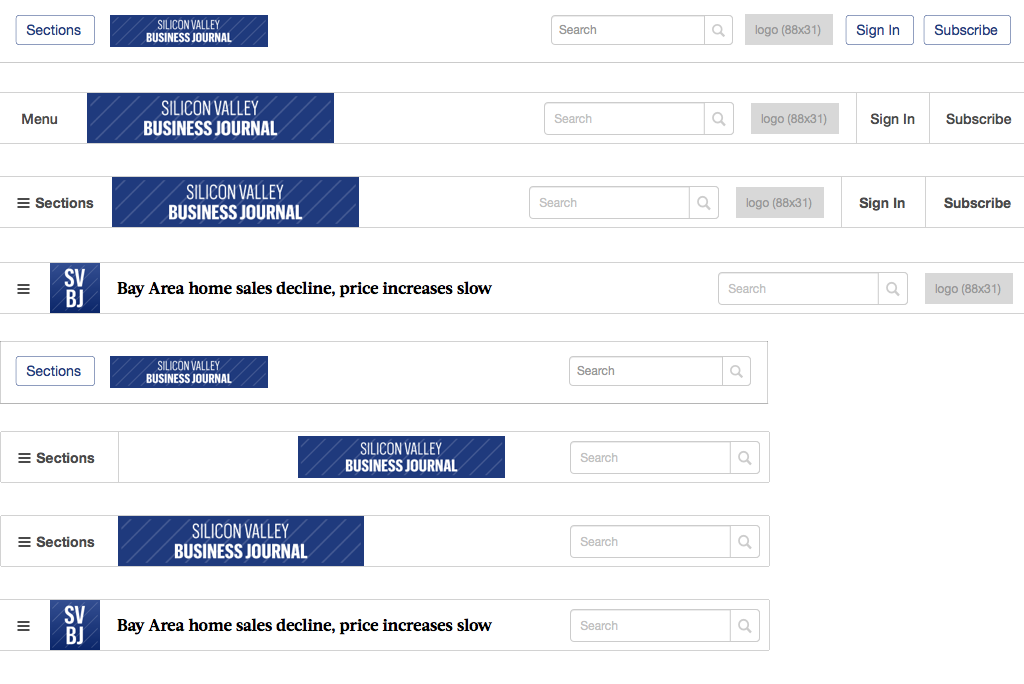Explorations for responsive navigation for the business journals