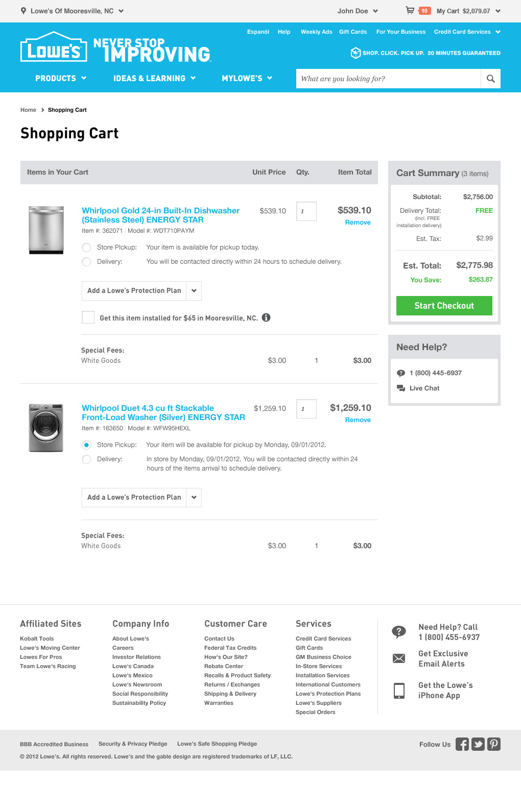 Screenshot of Lowe's cart page