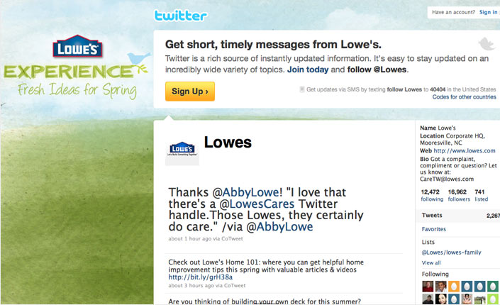 Screenshot of Lowe's Twitter page displaying spring campaign